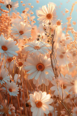 Wall Mural - A field of white flowers with a blue sky in the background