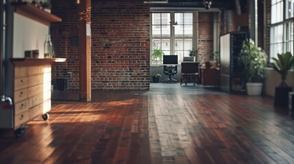 Wall Mural - A wide-angle view of a modern loft office with exposed brick walls, wooden floor, and a bright atmosphere due to large windows