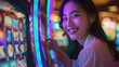 Happy young asian woman playing a slot machine in a casino, the slot machine shows a winning prize, generative ai.