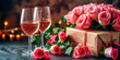 Softly lit celebration scene with rose wine in stemware, a bouquet of pink roses, and a gift box, inviting an intimate festive experience