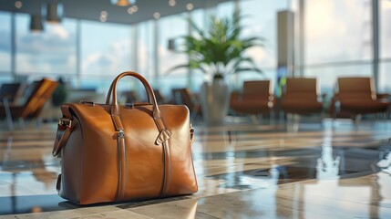 Luxury travel accessories displayed in an airport lounge setting for a premium product showcase concept with copy space