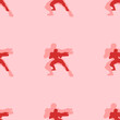 Seamless pattern of large isolated red combat robots. The elements are evenly spaced. Vector illustration on light red background