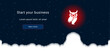Business startup concept Landing page screen. The owl symbol on the right is highlighted in bright red. Vector illustration on dark blue background with stars and curly clouds from below