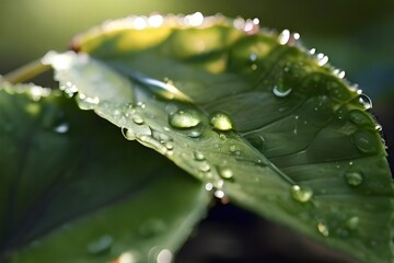 Wall Mural -  A dew-kissed leaf glistening under the morning sun, veins intricately visible