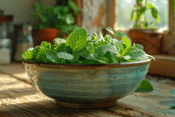 Wall Mural - Fresh Mint Leaves in Rustic Ceramic Bowl on Wooden Table