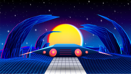 Wall Mural - Spaceship flying over alien planet with ancient mountains and sun, in 80s gaming synthwave style