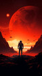 Space explorer observes a vast red planet rising above the alien horizon. Futuristic fantasy concept