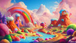 A vibrant dreamy landscape with candy covered mountains colorful river and whimsical clouds with bright rainbow. Sweet wonderland kid child fantasy concept
