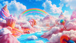 A surreal candy landscape with pink mountains rainbow and fluffy clouds under a blue sky. Sweet wonderland kid child fantasy concept