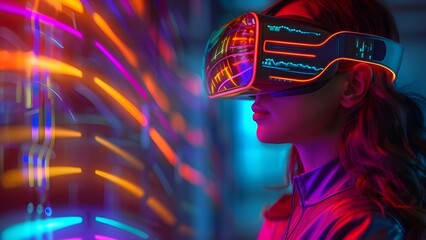 Wall Mural - Young woman immersed in virtual reality with holograms and AI technology. Concept Virtual Reality, Holograms, AI Technology, Immersive Experience, Young Woman