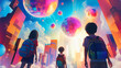 Tree children gazing at a futuristic cityscape filled with floating planets and colorful skyscrapers. Dreamy fantasy education knowledge concept
