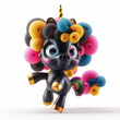 Funny smiling black unicorn girl cartoon character in 3d design style with colorful mane curly hair and golden horn happily jumping and dancing. Cute fairytale fantasy animal concept