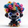 Funny black unicorn girl cartoon character in 3d design style with colorful mane curly hair and golden horn wearing headphones and listening music. Cute fairytale fantasy animal concept