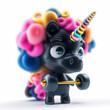 Funny black unicorn girl cartoon character in 3d design style with colorful rainbow mane curly hair making exercises with barbell. Cute fairytale fantasy animal concept