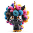 Smiling cheerful black unicorn girl cartoon character in 3d design style and colorful rainbow mane curly hair. Cute fairytale fantasy animal concept