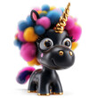 Smiling joyful black unicorn girl cartoon character in 3d design style and colorful rainbow mane curly hair standing on white background. Cute fairytale fantasy animal concept
