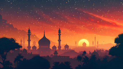 Canvas Print - Mosque with crescent moon and star Eid al adha ,eid al fitr islamic background,Generative Ai