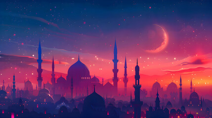 Canvas Print - Mosque with crescent moon and star Eid al adha ,eid al fitr islamic background,Generative Ai