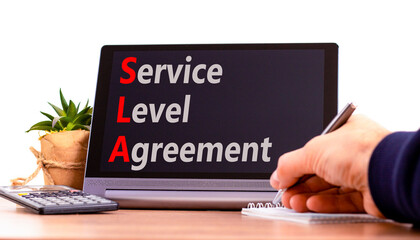 Wall Mural - SLA service level agreement symbol. Concept words SLA service level agreement on beautiful black tablet. Beautiful white background. Business SLA service level agreement concept. Copy space.