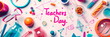 A festive banner arranged Teachers Day representing various subjects like math, science, literature,