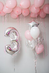 Wall Mural - silver set of balloons for girls, foil number 3 with helium