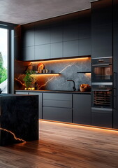 Sleek minimalist kitchen design in a new luxury home with integrated smart appliances