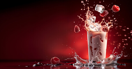 Wall Mural - Creative food template. Topping fruit raspberry and ice cube splashing dropping onto glass of milk milkshake yoghurt smoothie with liquid droplet on dark red gradient background. copy text space	
