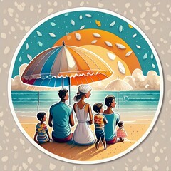 Wall Mural - Circular Beach Umbrella Stickers featuring joyful illustrations of families gathered 