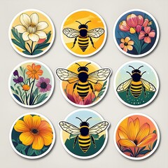 Wall Mural - Circular Bee Stickers showcasing cheerful illustrations of bees buzzing with joy