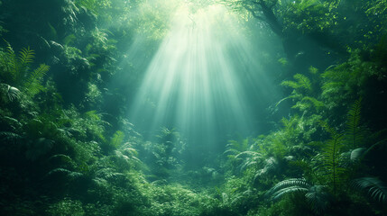 Wall Mural - A lush green forest with sunlight shining through the trees