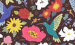 Seamless pattern with doodle flowers and hummingbird on black background. Repeat flat floral wallpaper, wrapping paper, textile design. Vector illustration