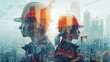 © CtrlN - Two people wearing hard hats are standing in front of a city skyline