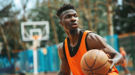 Black  man practicing basketball sport, person is focused and enjoying the sport, sports photography