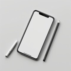 Smartphone mockup with blank screen and pen isolated on white background