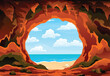 Cave landscape. Summer nature scene of cave entrance. Prehistoric dungeon, rock cavern game illustration. Vector illustration of tunnel in mountain or mine in rocks