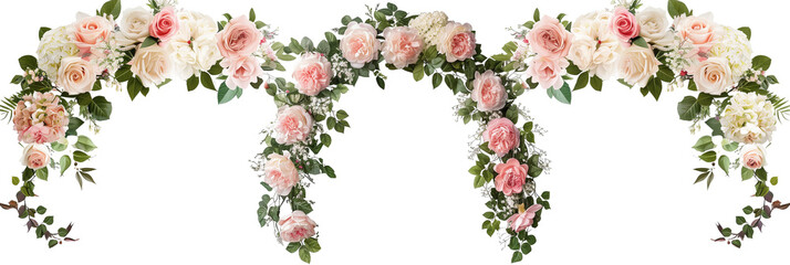 Wall Mural - set of flower arches with roses, peonies, and hydrangeas accented with greenery, isolated on transparent background