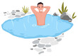 Hot springs pool. People enjoying thermal spa water in winter, flat vector illustration. Mountain onsen, japanese natural hot springs resort. Relax, recreation
