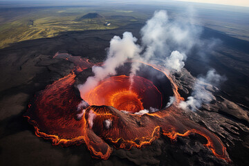 Wall Mural - volcano eruption from a bird view. volcano crater and magma flow shot from above. genertated ai.