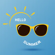 Hello summer, fashionable yellow sunglasses on blue background, summer sun, vector illustration.