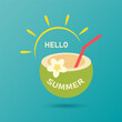 Hello summer, coconut cocktail with straw and tropical flower, summer vector illustration.