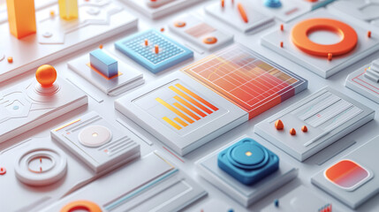 A colorful array of shapes and figures, including a red circle and a blue square