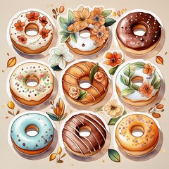 Wall Mural - Circular Donut Stickers featuring mouthwatering illustrations of classic donuts