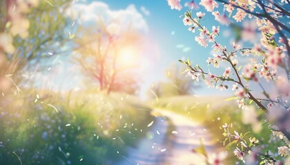 Poster - Serene spring scene with blossoming flowers, a clear path, and soft sunlight adding dreamy, peaceful vibes