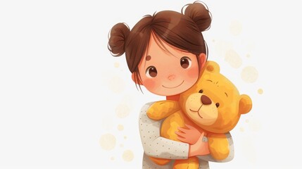 The happy child holding the teddy bear. Smiling girl holding favorite stuffed toy. Young child excitedly hugging plush animal. Background: white and grey. Flat modern illustration isolated on white.