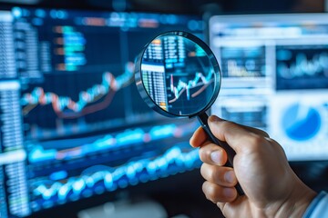 Wall Mural - Close-up of a magnifying glass highlighting details on a financial chart and computer monitors