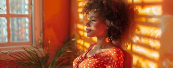 Woman basking in golden sunlight near window