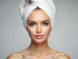 happy young woman with towel on her head. Beautiful Girl with wet Hair