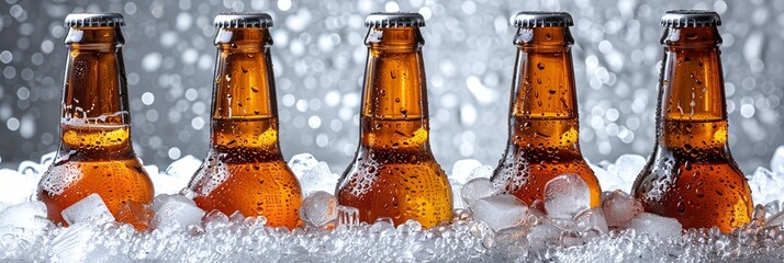 Wall Mural - A fresh set of beer bottles on ice, with bubbles and a cold, refreshing drink.