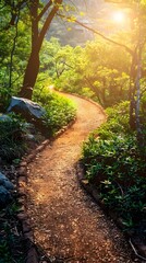 Canvas Print - Inviting Path Through Lush Green Forest Embracing New Beginnings Concept with Warm Sunlight Rays and Serene Atmosphere