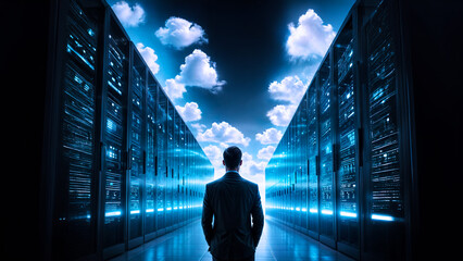 unrecognizable man with folder standing in server room of large data center. concept of computer eng